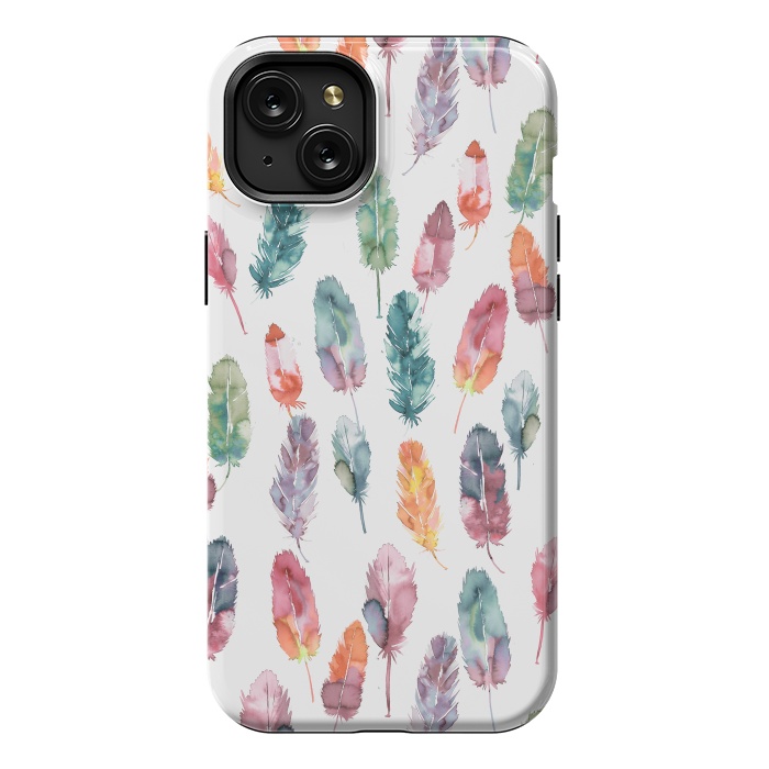 iPhone 15 Plus StrongFit Bohemian Feathers Watercolor Colorful by Ninola Design