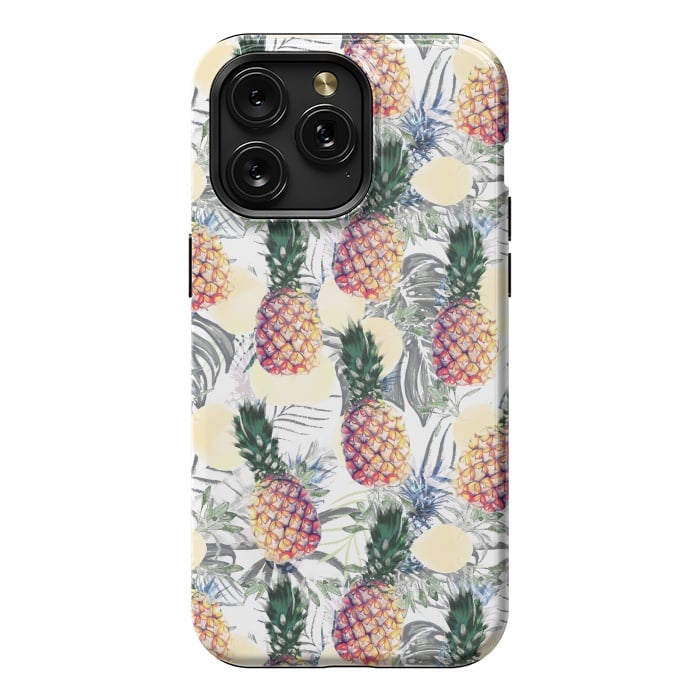 iPhone 15 Pro Max StrongFit Pineapples and tropical leaves colorful pattern by Oana 