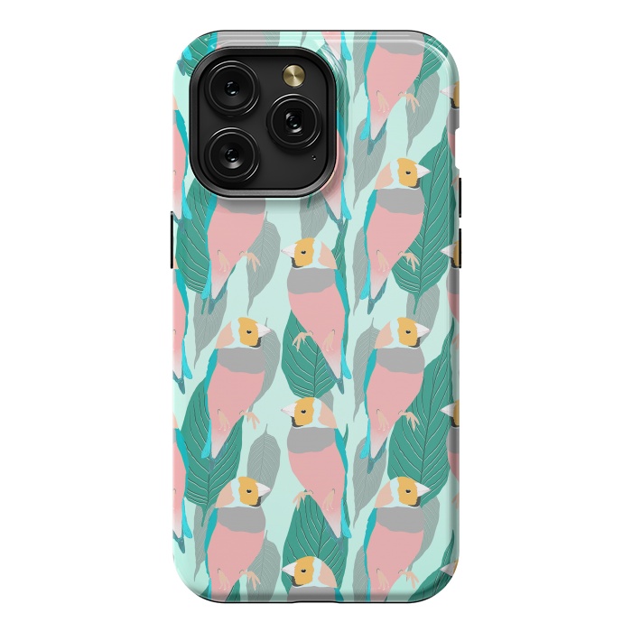 iPhone 15 Pro Max StrongFit Trendy Pink Rainbow Finch Bird & Green Foliage Design by InovArts