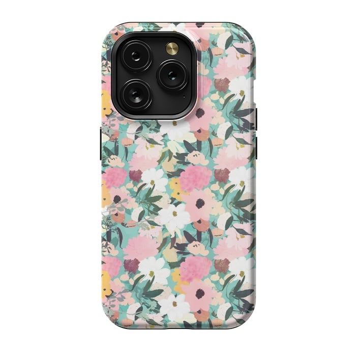 iPhone 15 Pro StrongFit Pretty Watercolor Pink & White Floral Green Design by InovArts