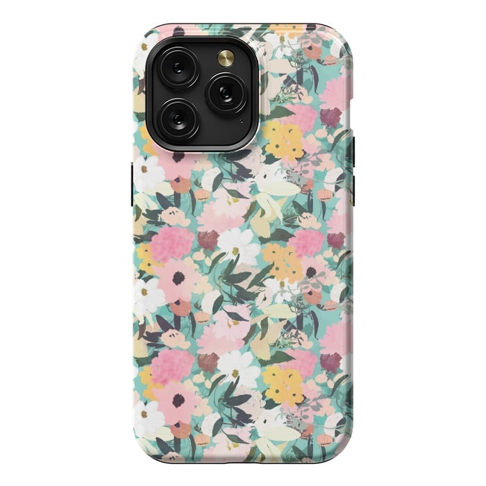 iPhone 15 Pro Max StrongFit Pretty Watercolor Pink & White Floral Green Design by InovArts