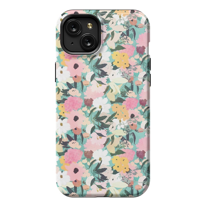 iPhone 15 Plus StrongFit Pretty Watercolor Pink & White Floral Green Design by InovArts