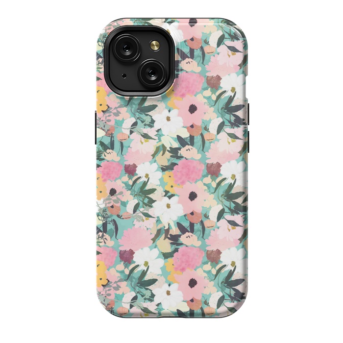iPhone 15 StrongFit Pretty Watercolor Pink & White Floral Green Design by InovArts