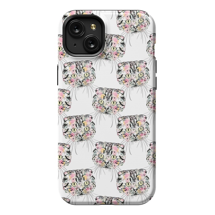 iPhone 15 Plus StrongFit Cute Pink Cat & watercolor flowers Animal Pattern by InovArts