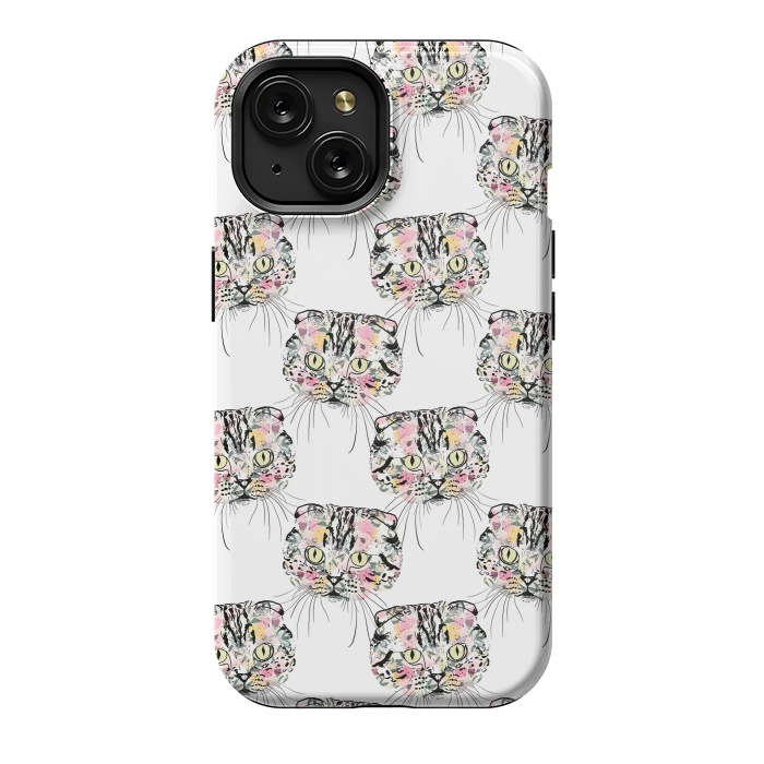 iPhone 15 StrongFit Cute Pink Cat & watercolor flowers Animal Pattern by InovArts