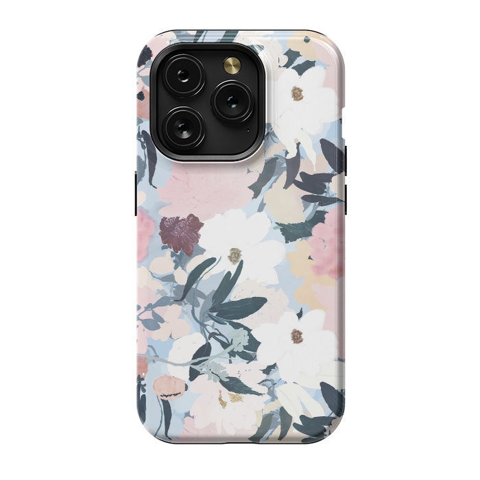 iPhone 15 Pro StrongFit Pretty Grayish Blue Watercolor Pink & White Floral Design by InovArts