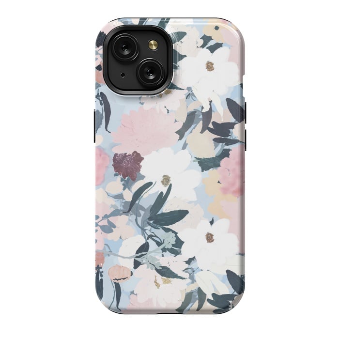 iPhone 15 StrongFit Pretty Grayish Blue Watercolor Pink & White Floral Design by InovArts