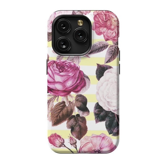 iPhone 15 Pro StrongFit Vintage romantic roses and bright yellow stripes by Oana 