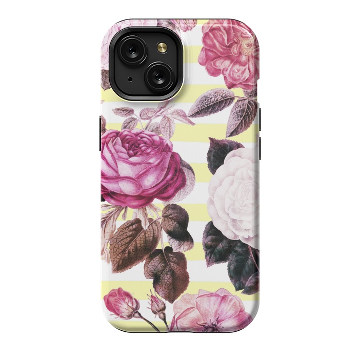 iPhone 15 StrongFit Vintage romantic roses and bright yellow stripes by Oana 