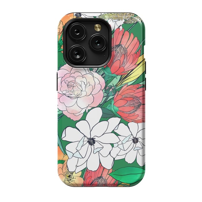 iPhone 15 Pro StrongFit Colorful Hand Drawn Flowers Green Girly Design by InovArts