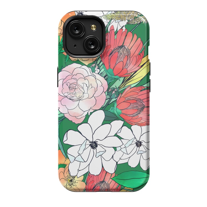 iPhone 15 StrongFit Colorful Hand Drawn Flowers Green Girly Design by InovArts