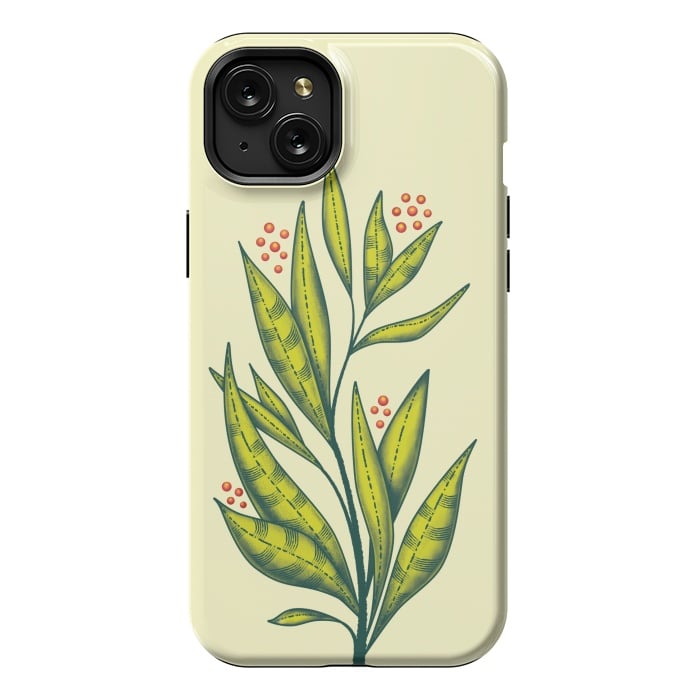iPhone 15 Plus StrongFit Abstract green plant with decorative leaves and berries by Boriana Giormova