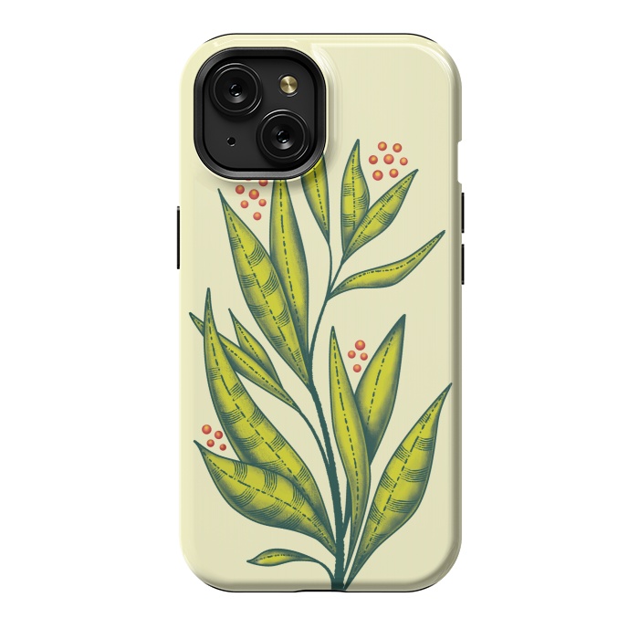 iPhone 15 StrongFit Abstract green plant with decorative leaves and berries by Boriana Giormova