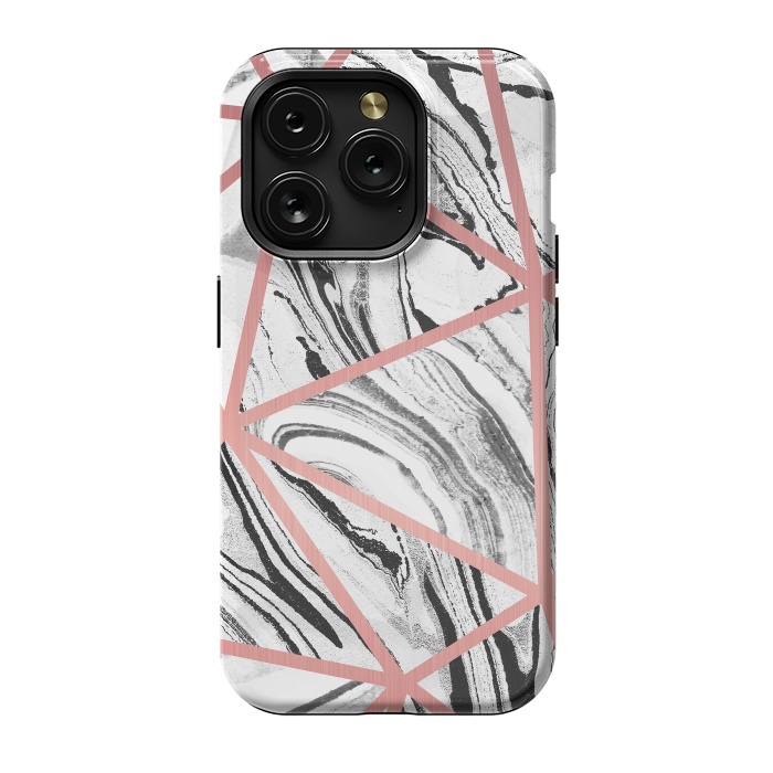 iPhone 15 Pro StrongFit White marble with black stripes and rose gold triangles by Oana 