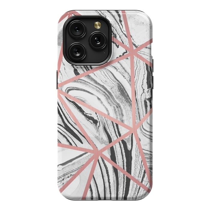 iPhone 15 Pro Max StrongFit White marble with black stripes and rose gold triangles by Oana 