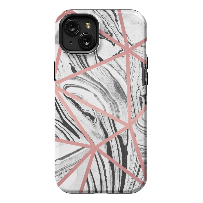 iPhone 15 Plus StrongFit White marble with black stripes and rose gold triangles by Oana 
