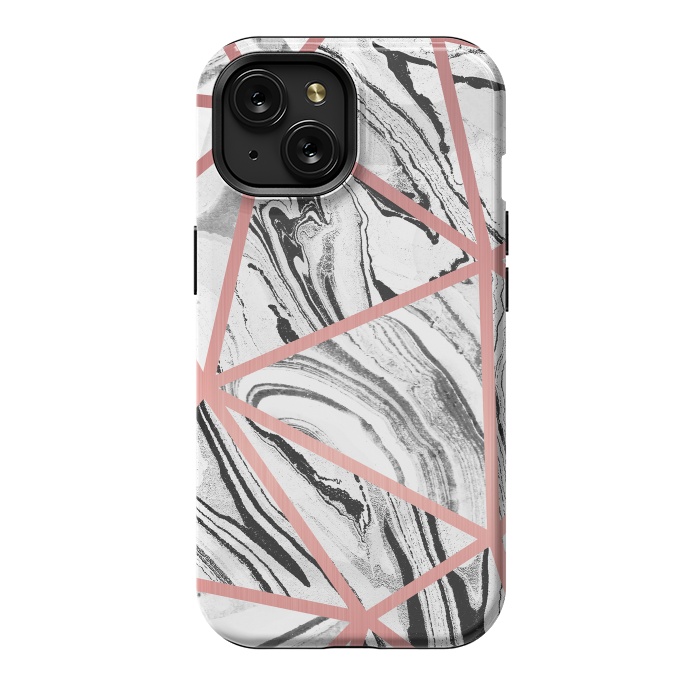 iPhone 15 StrongFit White marble with black stripes and rose gold triangles by Oana 