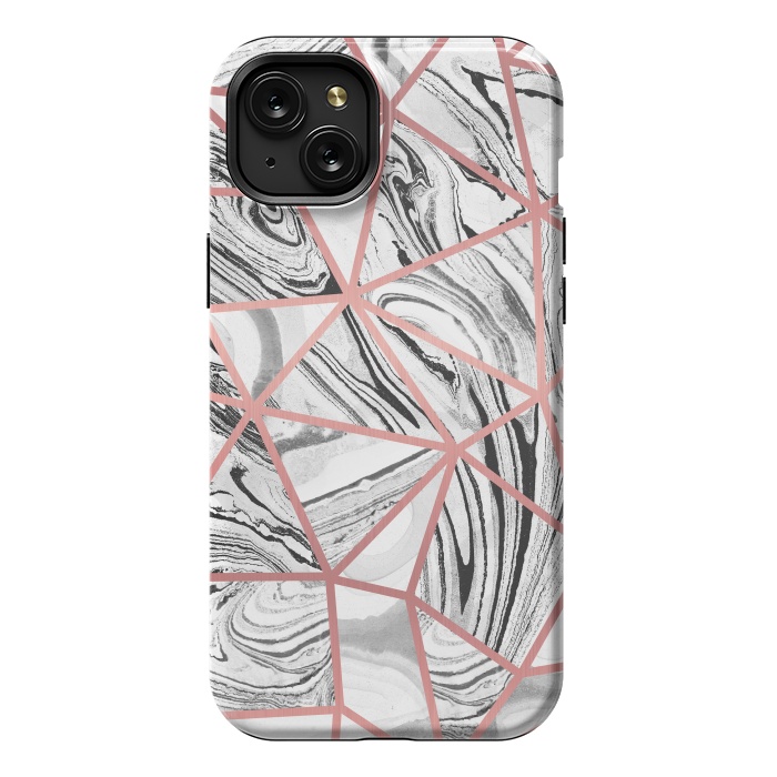 iPhone 15 Plus StrongFit Triangle geometric painted marble tiles with rose gold by Oana 