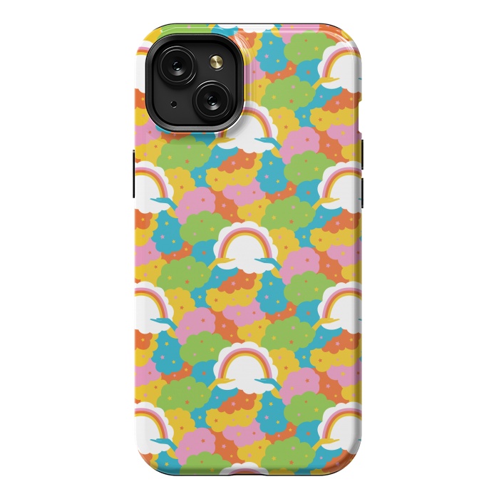 iPhone 15 Plus StrongFit Rainbows, clouds, hands, We're in This Together repeat pattern in pastels by Portia Monberg