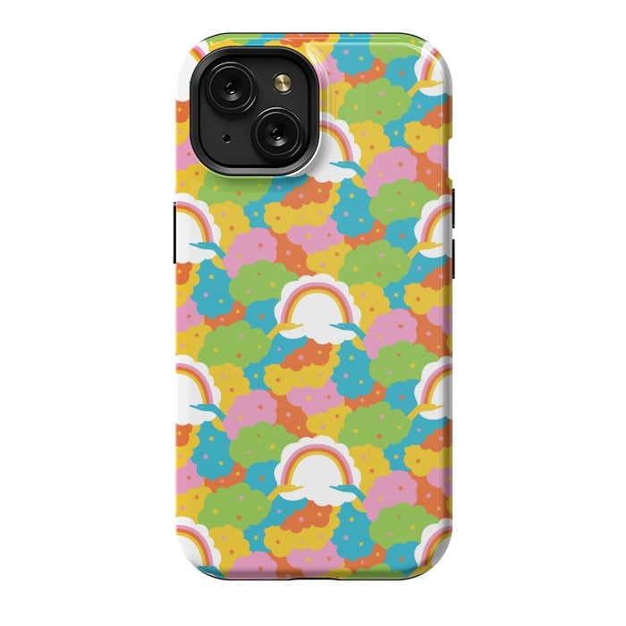 iPhone 15 StrongFit Rainbows, clouds, hands, We're in This Together repeat pattern in pastels by Portia Monberg