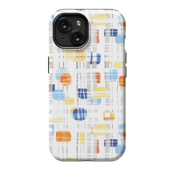 iPhone 15 StrongFit Blue & Yellow Abstract Gouache Shapes & Gingham by Tigatiga