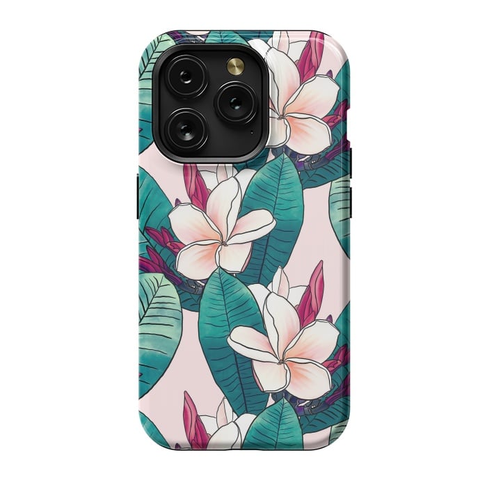 iPhone 15 Pro StrongFit Trendy Tropical Plumeria Flowers Green Foliage Design by InovArts