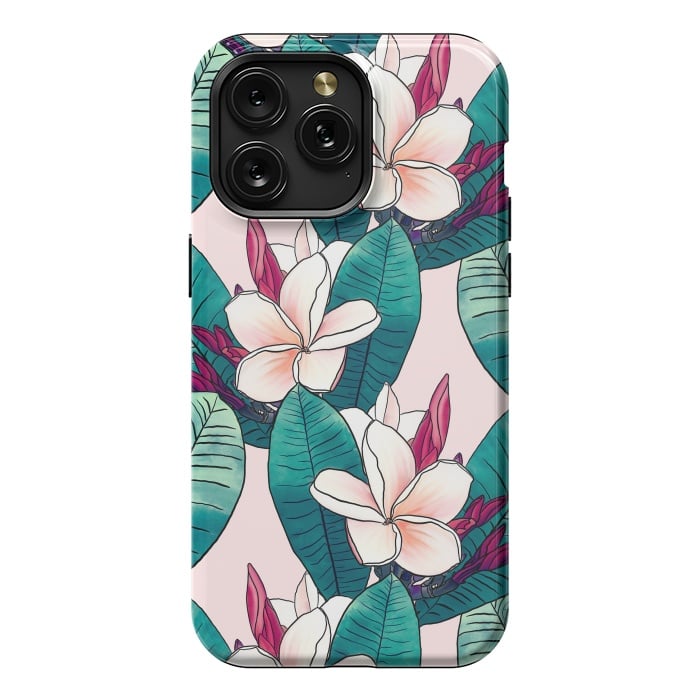 iPhone 15 Pro Max StrongFit Trendy Tropical Plumeria Flowers Green Foliage Design by InovArts
