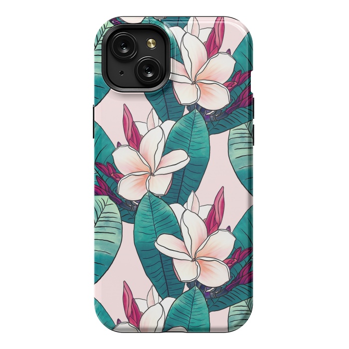 iPhone 15 Plus StrongFit Trendy Tropical Plumeria Flowers Green Foliage Design by InovArts