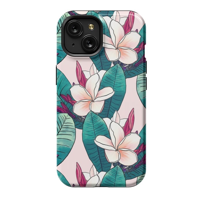 iPhone 15 StrongFit Trendy Tropical Plumeria Flowers Green Foliage Design by InovArts
