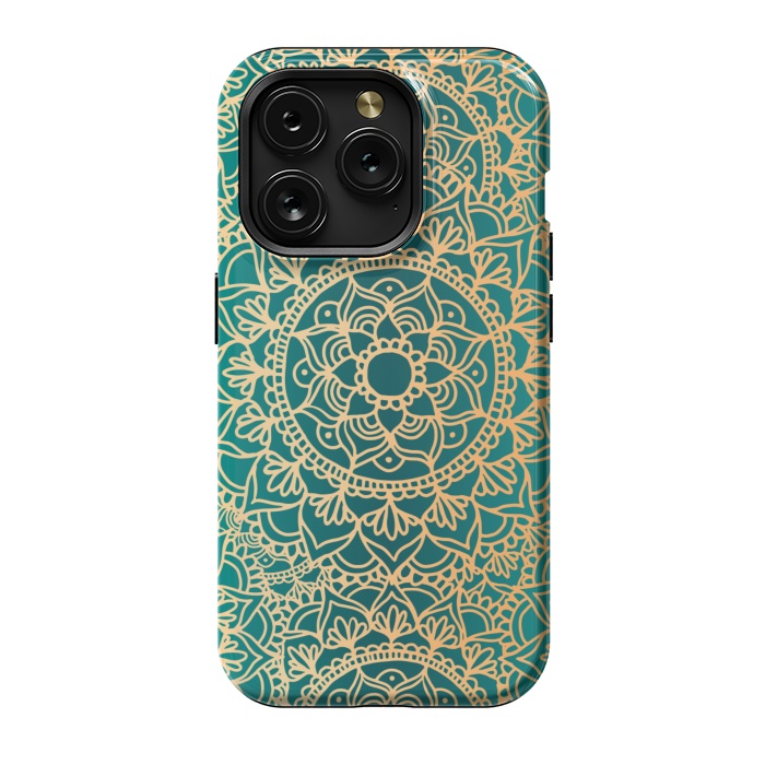 iPhone 15 Pro StrongFit Teal Green and Yellow Mandala Pattern by Julie Erin Designs