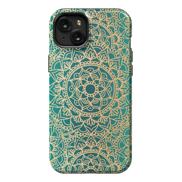 iPhone 15 Plus StrongFit Teal Green and Yellow Mandala Pattern by Julie Erin Designs
