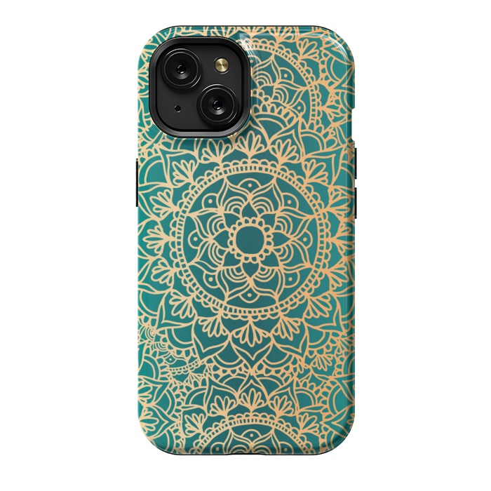 iPhone 15 StrongFit Teal Green and Yellow Mandala Pattern by Julie Erin Designs