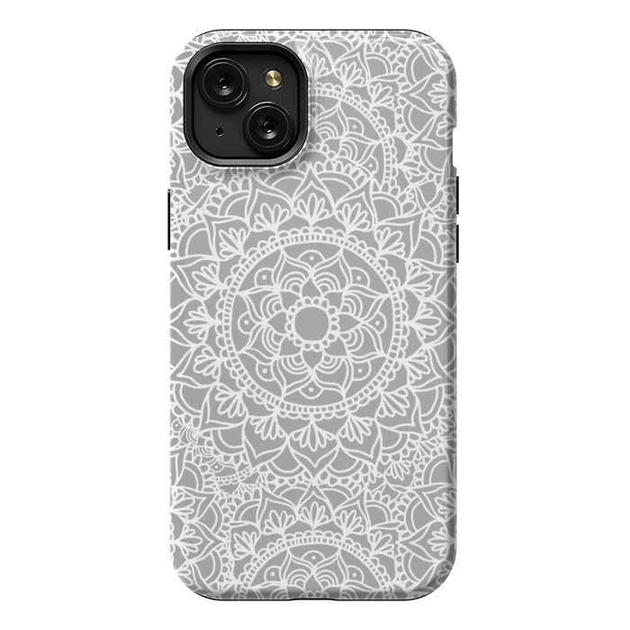 iPhone 15 Plus StrongFit White and Gray Mandala Pattern by Julie Erin Designs