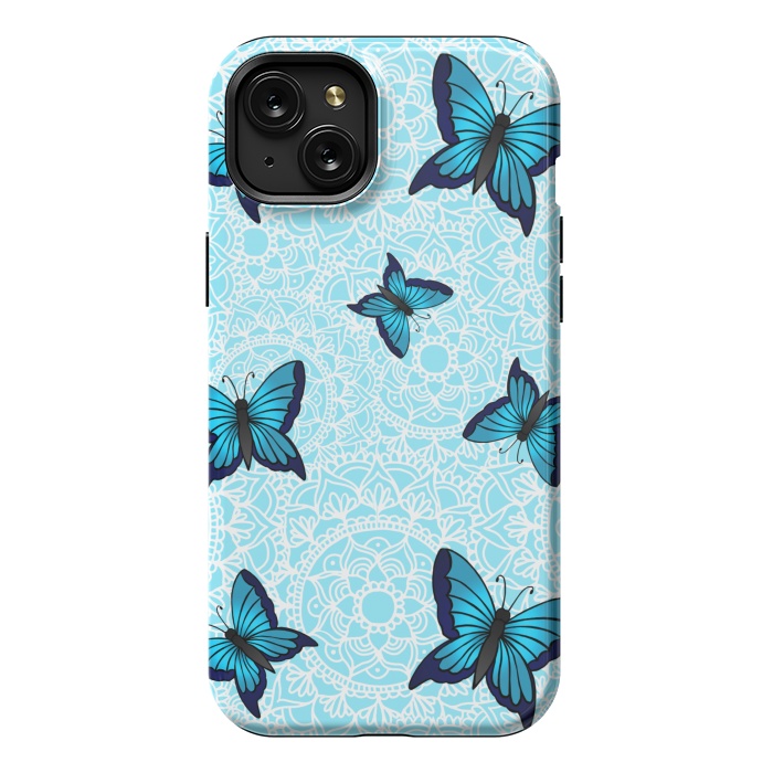 iPhone 15 Plus StrongFit Blue Butterfly Mandala Pattern by Julie Erin Designs
