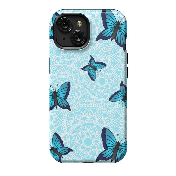 iPhone 15 StrongFit Blue Butterfly Mandala Pattern by Julie Erin Designs