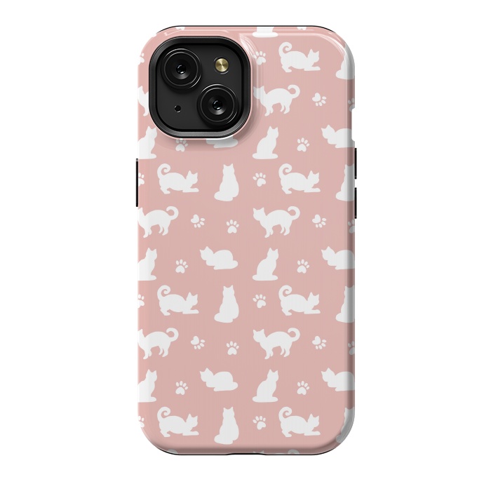 iPhone 15 StrongFit Pink and White Cat Pattern by Julie Erin Designs