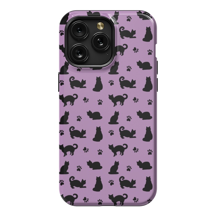 iPhone 15 Pro Max StrongFit Black and Purple Cats and Paw Prints Pattern by Julie Erin Designs