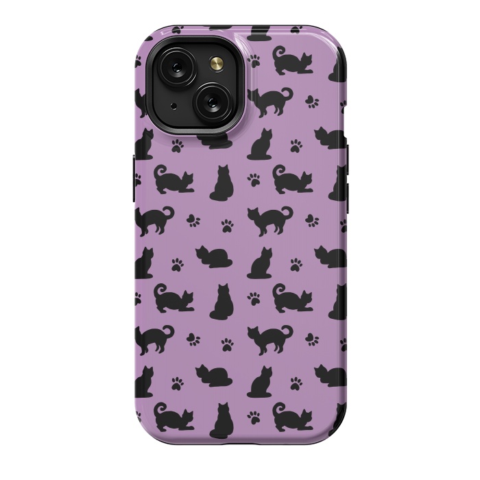 iPhone 15 StrongFit Black and Purple Cats and Paw Prints Pattern by Julie Erin Designs