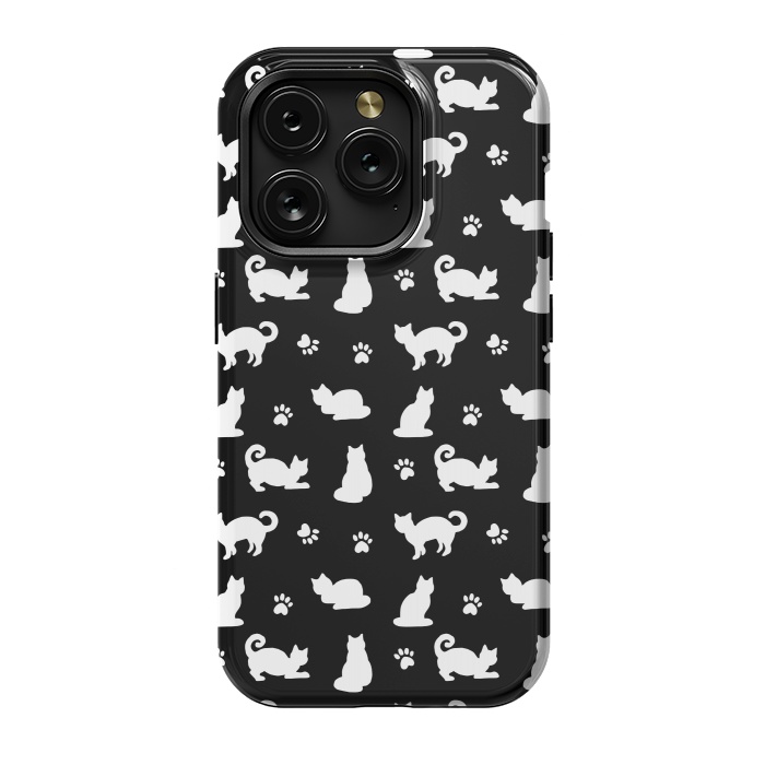 iPhone 15 Pro StrongFit Black and White Cats and Paw Prints Pattern by Julie Erin Designs