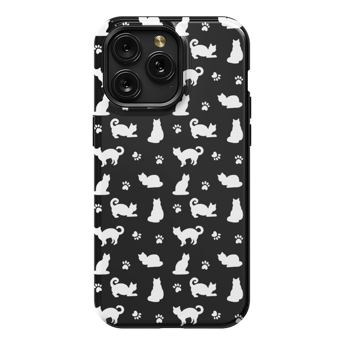 iPhone 15 Pro Max StrongFit Black and White Cats and Paw Prints Pattern by Julie Erin Designs