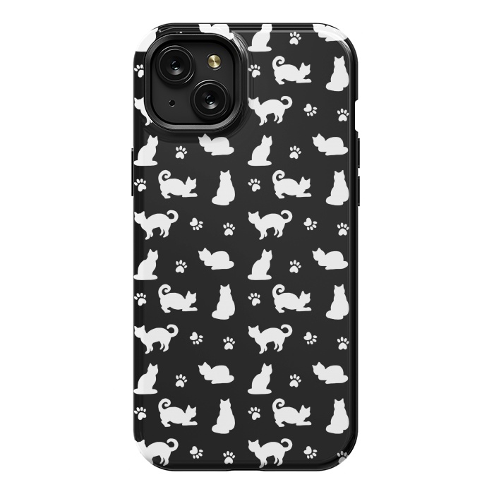 iPhone 15 Plus StrongFit Black and White Cats and Paw Prints Pattern by Julie Erin Designs