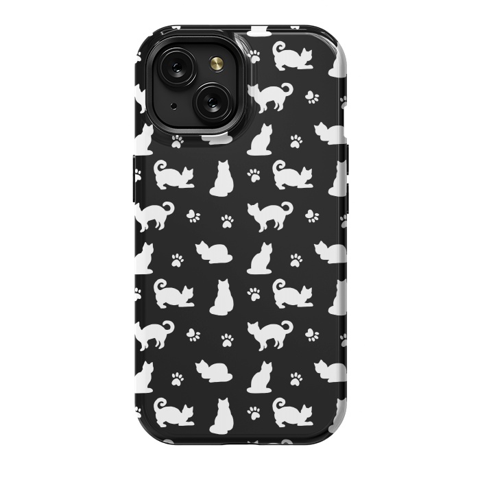 iPhone 15 StrongFit Black and White Cats and Paw Prints Pattern by Julie Erin Designs