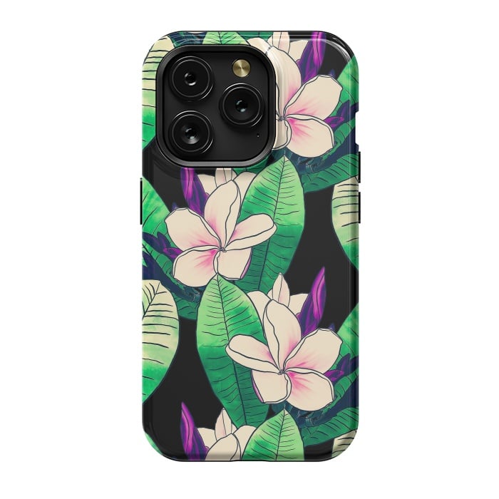 iPhone 15 Pro StrongFit Stylish Plumeria Flower Tropical Green Foliage Design by InovArts