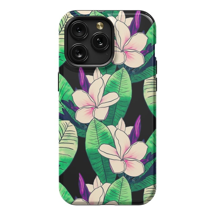 iPhone 15 Pro Max StrongFit Stylish Plumeria Flower Tropical Green Foliage Design by InovArts