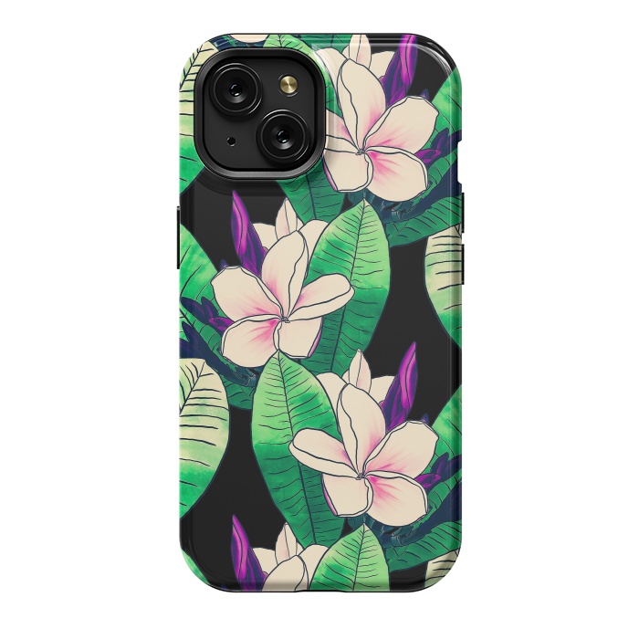 iPhone 15 StrongFit Stylish Plumeria Flower Tropical Green Foliage Design by InovArts