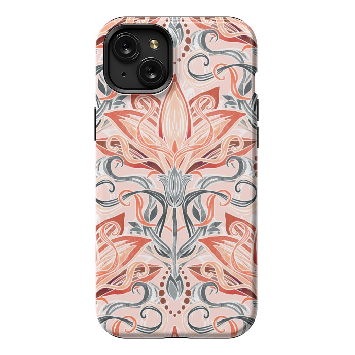iPhone 15 Plus StrongFit Coral and Grey Watercolor Art Nouveau Aloe by Micklyn Le Feuvre