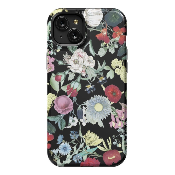 iPhone 15 Plus StrongFit Elegant botanical flowers on black background by Oana 