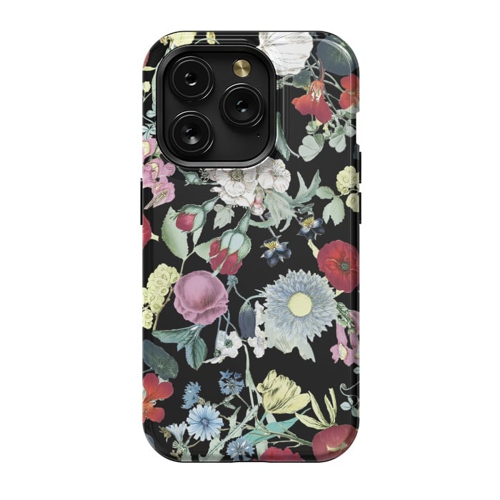 iPhone 15 Pro StrongFit Vintage flower garden - rich colors on black by Oana 
