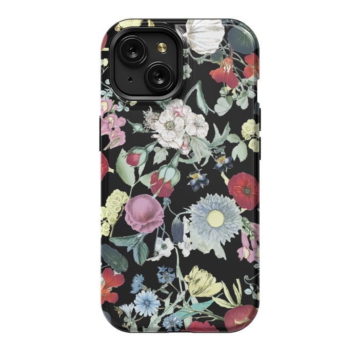 iPhone 15 StrongFit Vintage flower garden - rich colors on black by Oana 