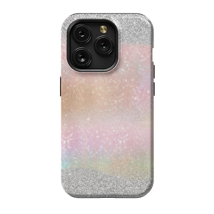 iPhone 15 Pro StrongFit Elegant Silver Gold strokes rainbow glow Glitter abstract image by InovArts